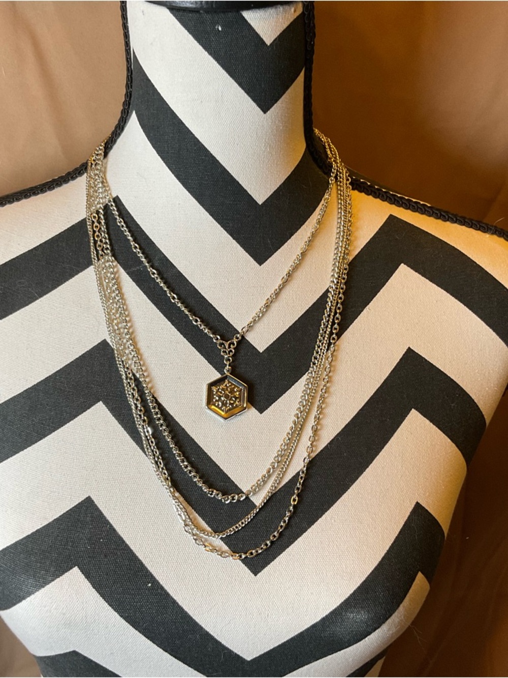 Layered Chain Necklace Hexagon Pendant Mixed Metal Multi Strand Necklace